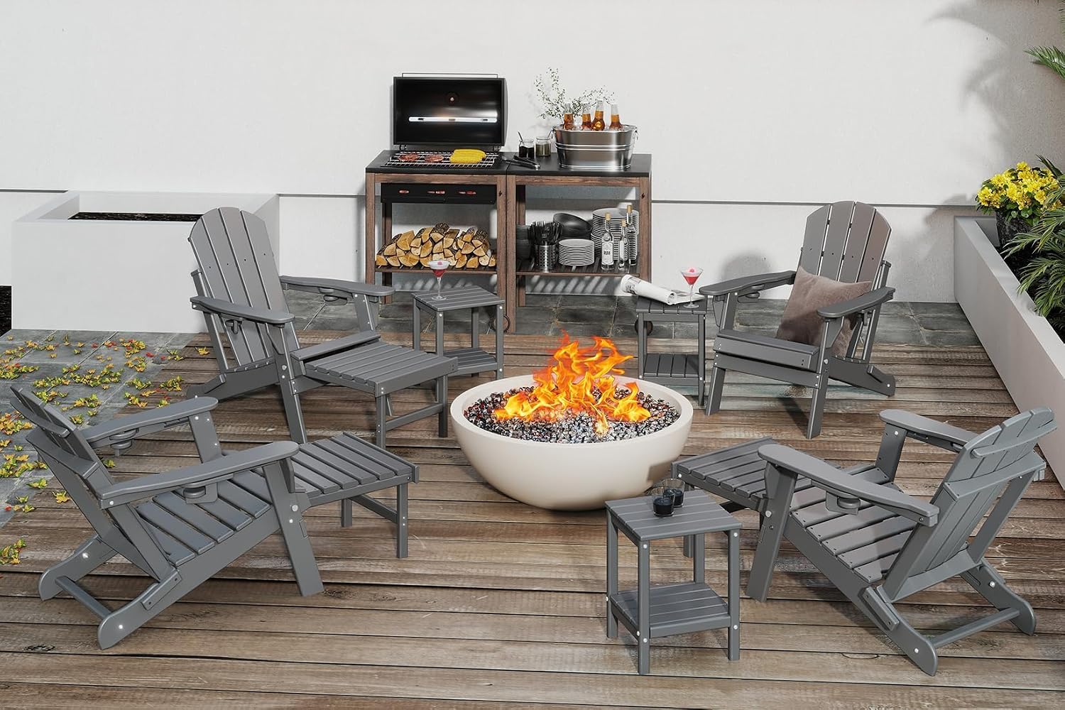 GREENVINES Adjustable Adirondack Chair with Retractable Ottoman Set of 2 | Folding | HDPE Plastic | Fire Pit Chairs w/Foot Rest | 2 Cup Holders | Grey | for Outdoor Patio Poolside Deck