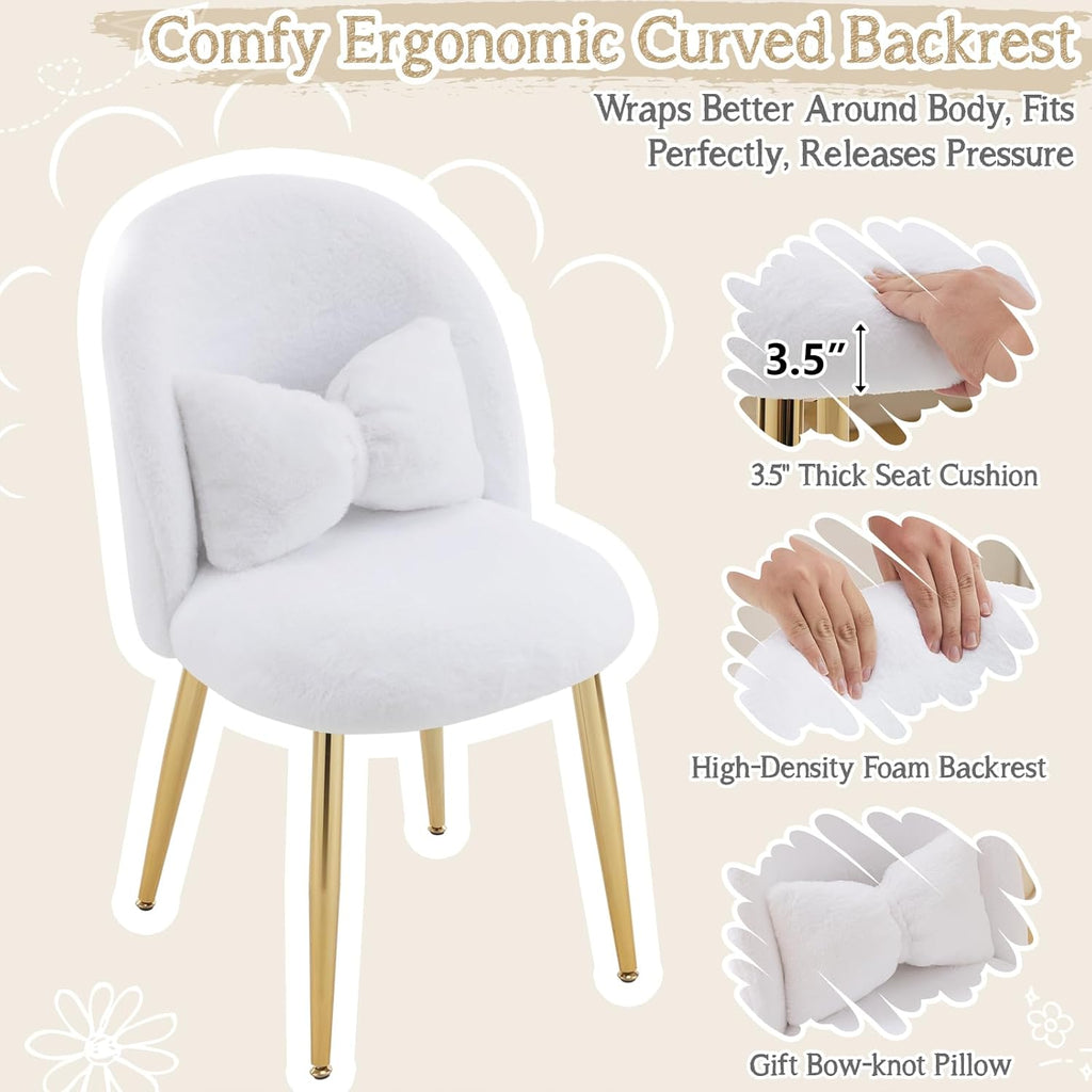 VINGLI Fluffy Girls Vanity Chair with Back & Pillow,Cute Small Cozy Desk Chair No Wheels,Comfy Makeup Ch with Ajustable Gold Legs,for Bedroom,Living Room,Small Space,White
