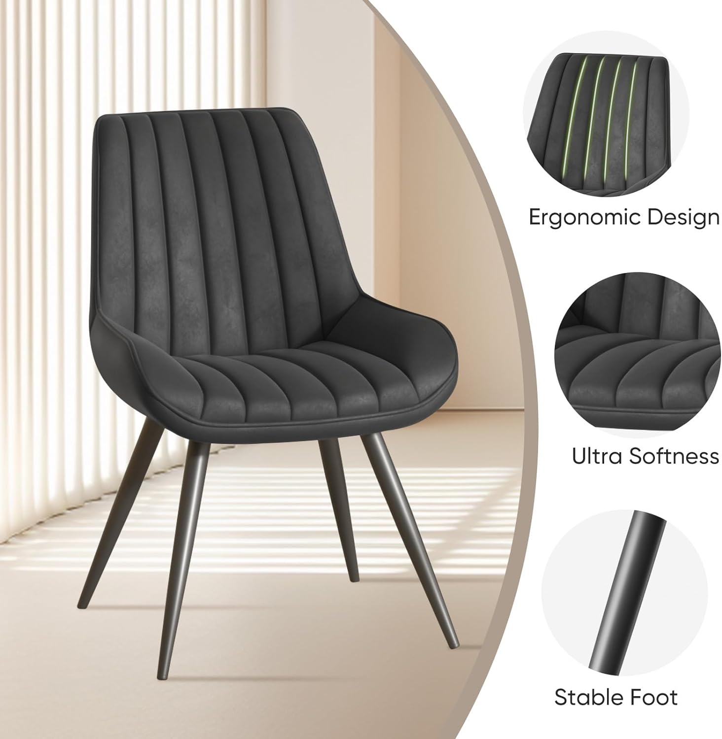 Nalupatio Modern Dining Chairs Set of 6, Fabric Dining Room Chairs with Soft Backrest and Seat, Comfortable Thick Cushion Upholstered Side Chairs with Metal Legs for Kitchen, Black