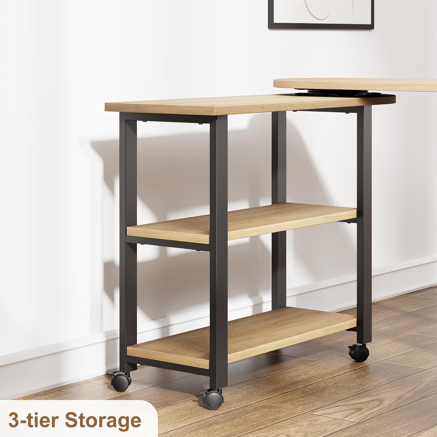Takywep 360° Rotating Side Table with Storage, End Table with Charging Station, Swivel Coffee Table, Sofa Table with Storage, Rolling Side Table with 6 Lockable Wheels, for Home Office, Wood Color