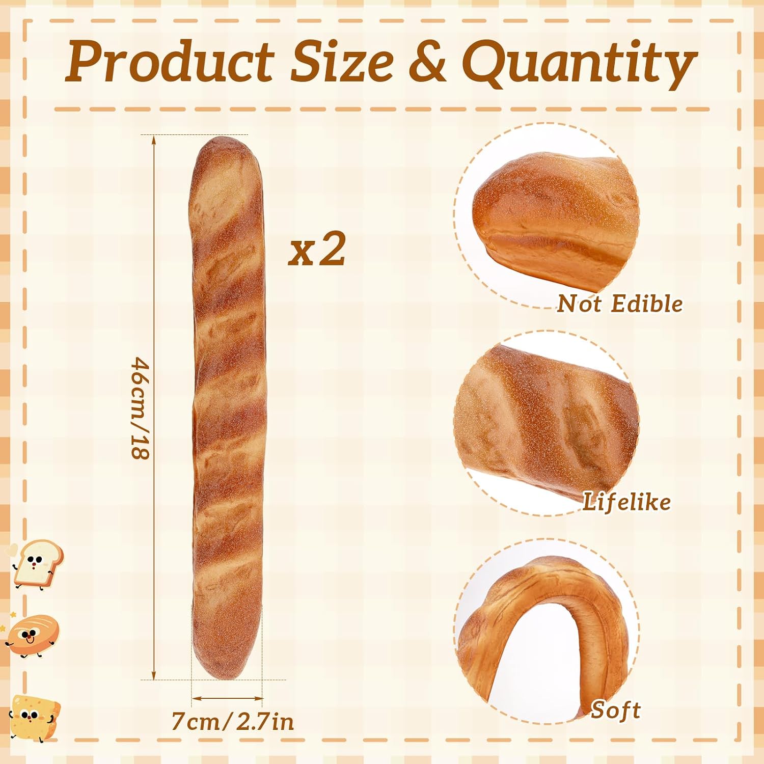 Woration 18 Inch Fake Baguette Decoration Lifelike Artificial Long Bread Model French Bread Ornament Loaves Soft Cake for Thanksgiving Desk Party Decor-2Pcs