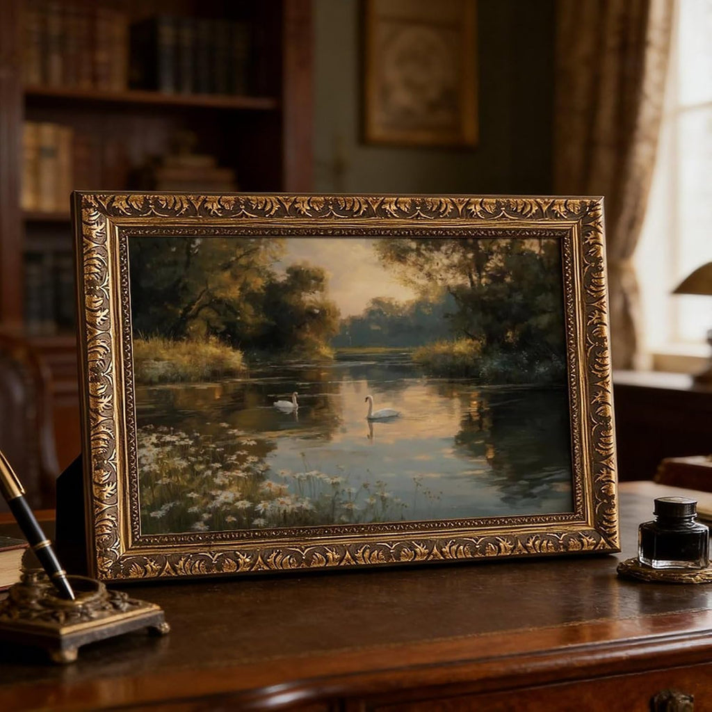 Swan Lake Landscape Oil Painting Vintage Gold Frame Framed Canvas Wall Art for Living Room Bedroom Office Dining Room Entryway Home Decor Ready to Hang 18x12 Inch