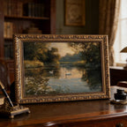 Swan Lake Landscape Oil Painting Vintage Gold Frame Framed Canvas Wall Art for Living Room Bedroom Office Dining Room Entryway Home Decor Ready to Hang 18x12 Inch