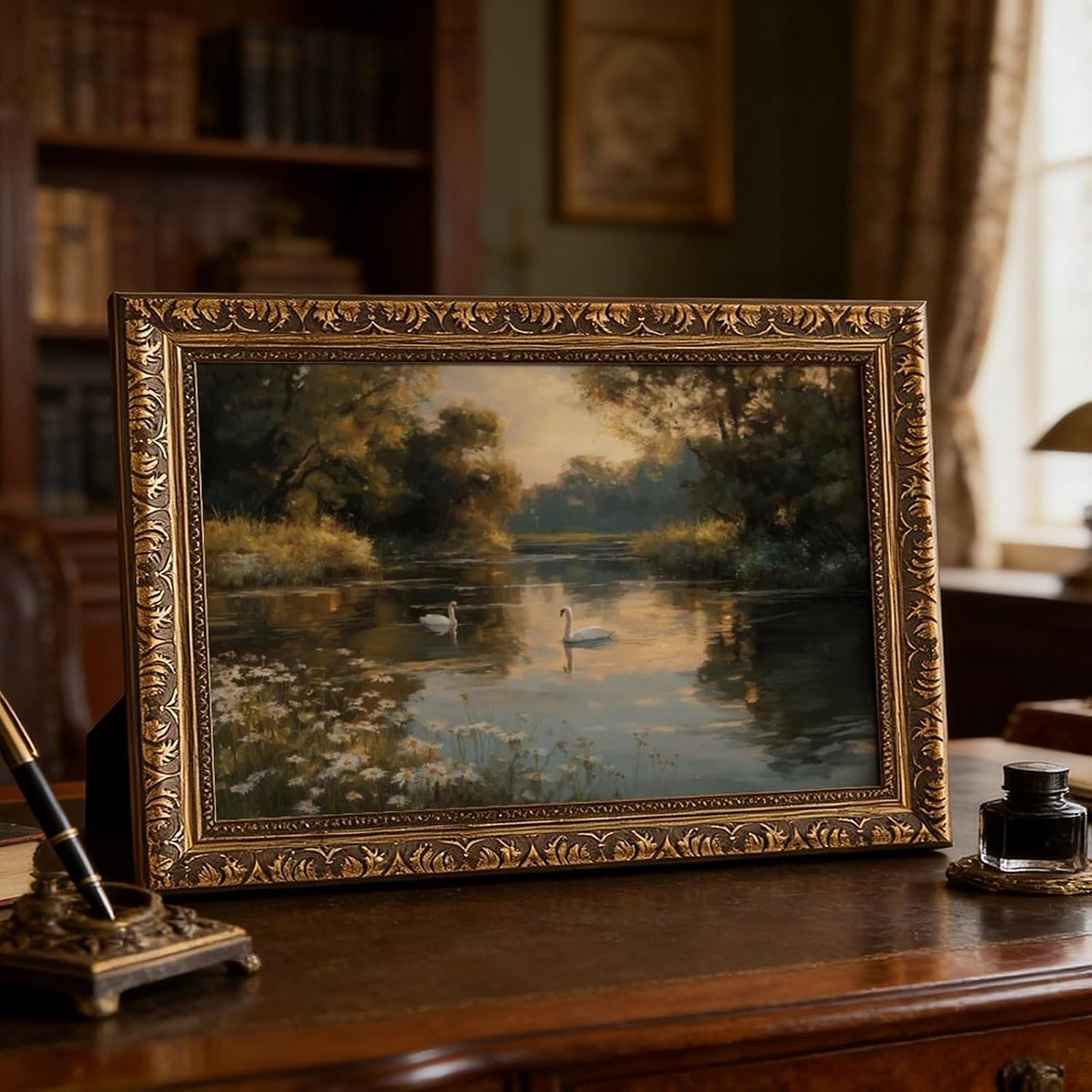 Swan Lake Landscape Oil Painting Vintage Gold Frame Framed Canvas Wall Art for Living Room Bedroom Office Dining Room Entryway Home Decor Ready to Hang 18x12 Inch