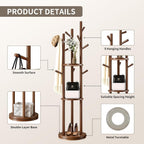 Solid Wood Rotary Coat Rack, Coat Rack Freestanding with 3 Storage Shelves & 9 hooks, Coat Tree for Entryway, Livingroom, Bedroom, Coat Hanger Stand for Coats, Scarves, Handbags, Hat (Walnut)