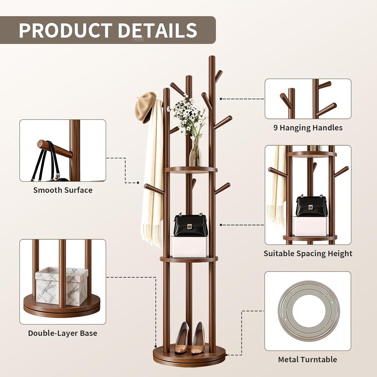 Solid Wood Rotary Coat Rack, Coat Rack Freestanding with 3 Storage Shelves & 9 hooks, Coat Tree for Entryway, Livingroom, Bedroom, Coat Hanger Stand for Coats, Scarves, Handbags, Hat (Walnut)