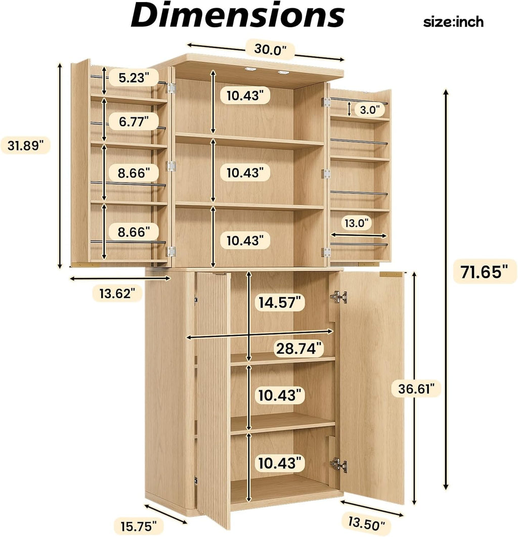 Modern Fluted Wood Pantry Cabinet with 6 Adjustable Shelves & 8 Door-Mounted Spice Racks - Wall-Secure Storage Organizer for Kitchen, Dining, Living Room (Oak)