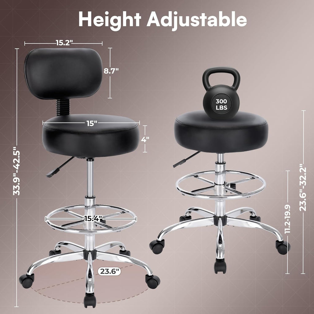 SUPERJARE Drafting Chair with Back, Adjustable Foot Rest Rolling Stool, Multi-Purpose Office Desk Chair, Thick Seat Cushion for Home Bar Kitchen Shop - Black