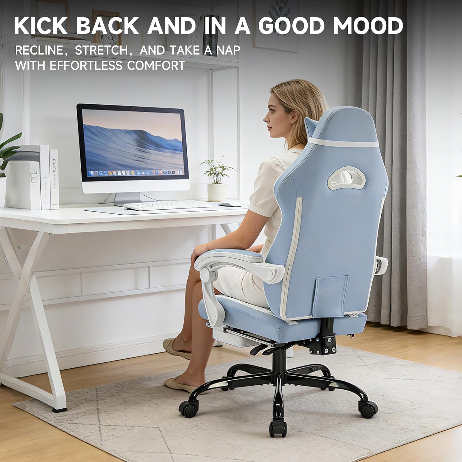 Gaming Chair with Footrest and Massage Lumbar Support, Ergonomic Computer Gamer Chair, Office Video Game Chairs (Cyan White)