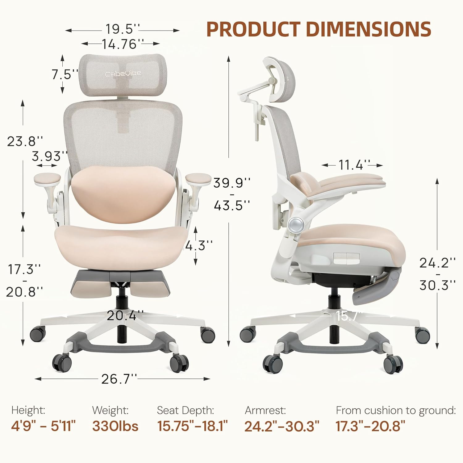 CabLady S2 Petite Office Chair for Women & Small Frames - 330lb Capacity, 4D Adjustable Lumbar/Headrest, Flip-Up Arms & Footrest, Ergonomic Desk Chair