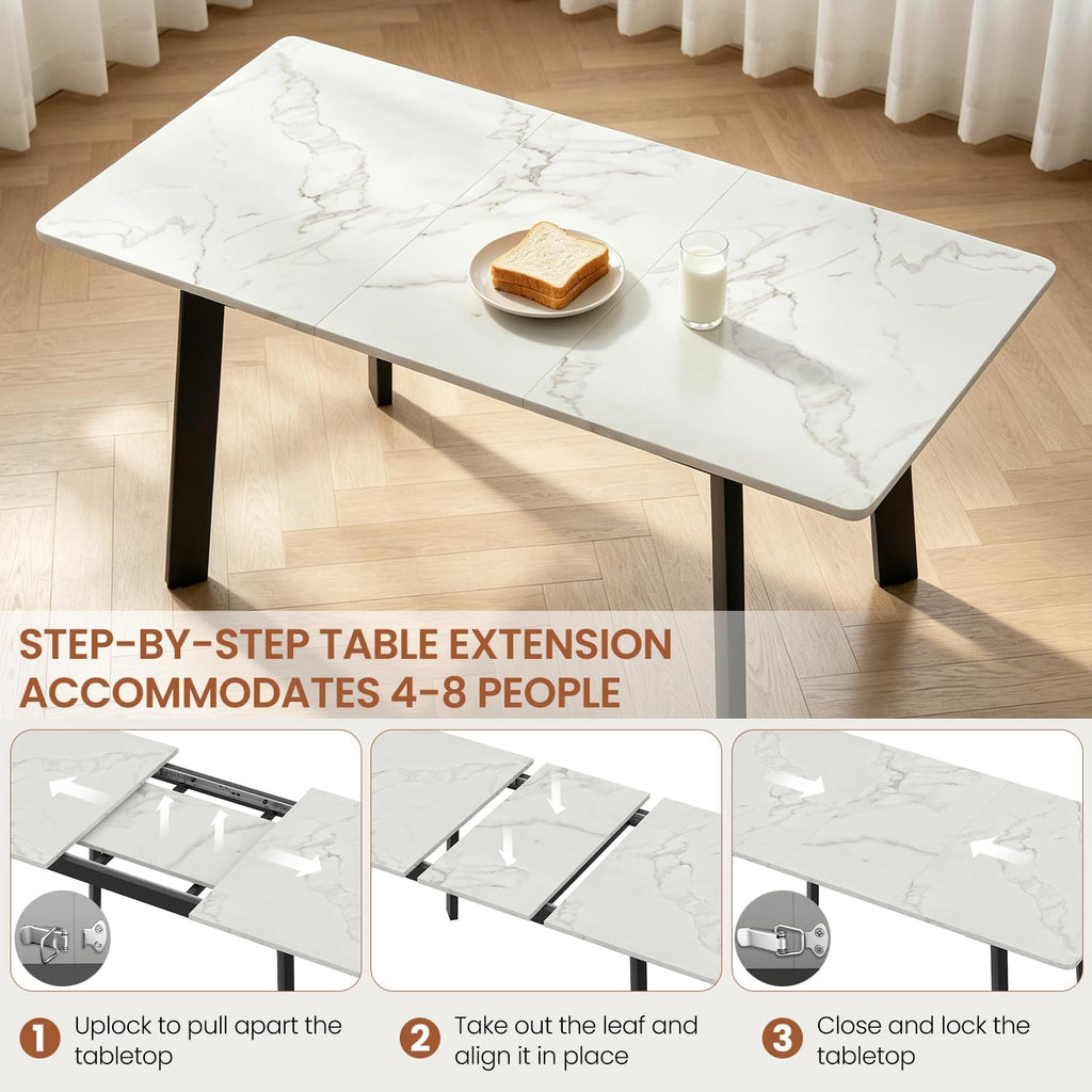 47.2"-63" Extendable Dining Room Table Set for 4-8 People, White | Removable Extension Leaf, Durable MDF Rectangle Tabletop, 6 Brown Sleek Faux Leather Chairs, Heavy Duty Modern Kitchen Table