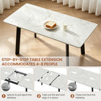 47.2"-63" Extendable Dining Room Table Set for 4-8 People, White | Removable Extension Leaf, Durable MDF Rectangle Tabletop, 6 Brown Sleek Faux Leather Chairs, Heavy Duty Modern Kitchen Table