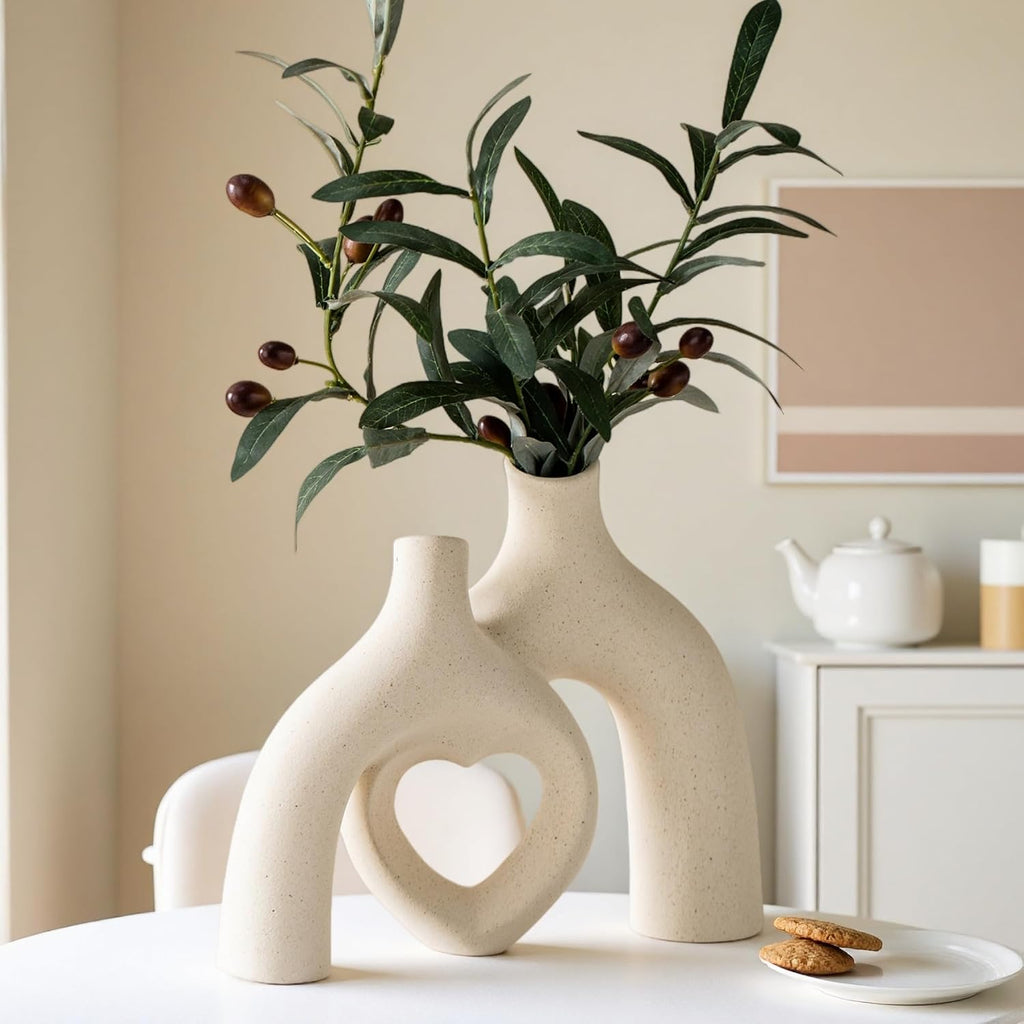 Liotww Snuggle Hollow Hug Donut Ceramic Vase, 8.3 Inch Modern Nordic Boho Style Aesthetic Decorative Flower Vases for Home Decor Pottery Barn Dining Living Room Table Shelf (Milky White)