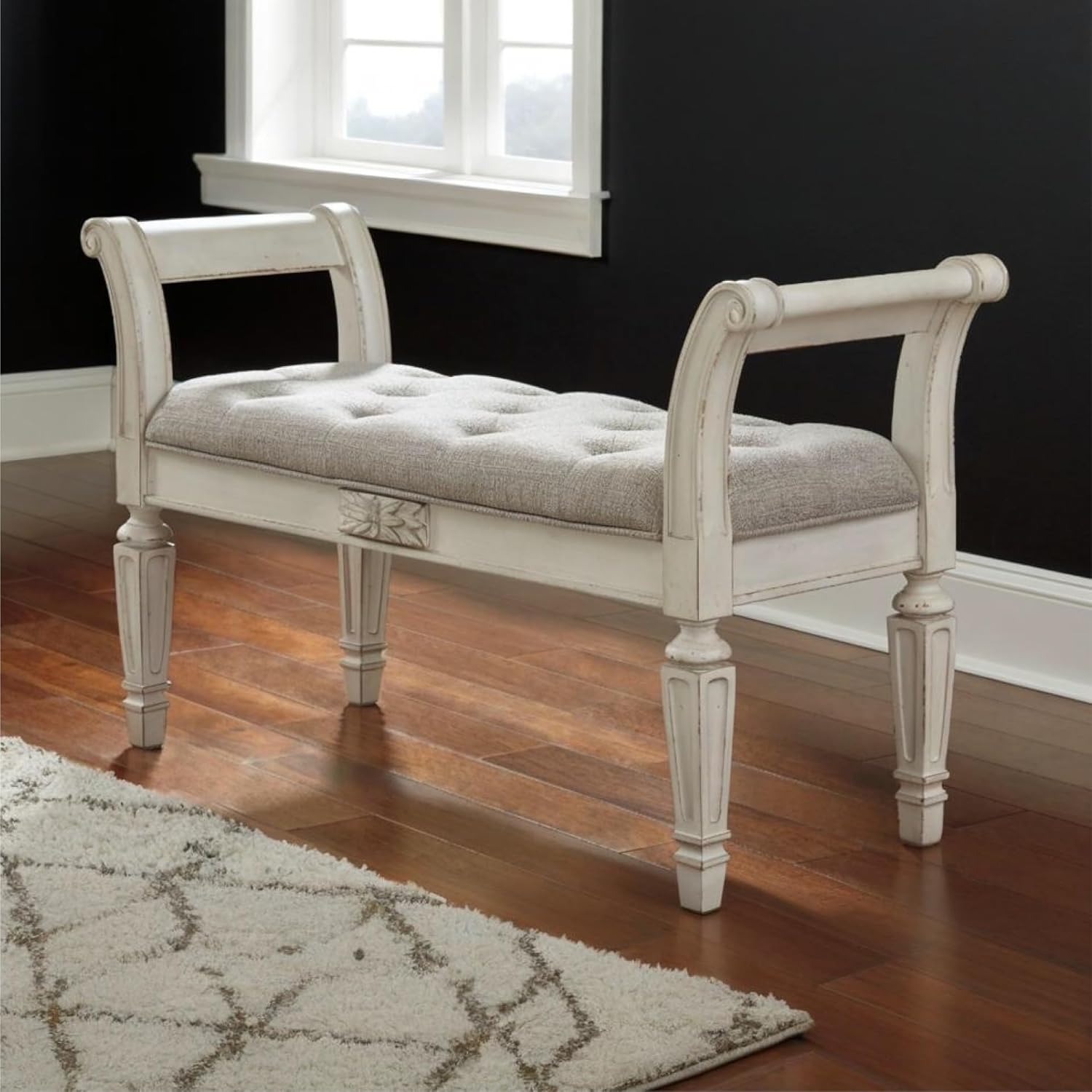 Signature Design by Ashley Realyn French Country Upholstered Tufted Accent Bench with Foam Cushion and Scrolled Arms, Wood Frame, 25.88" High, Antique White