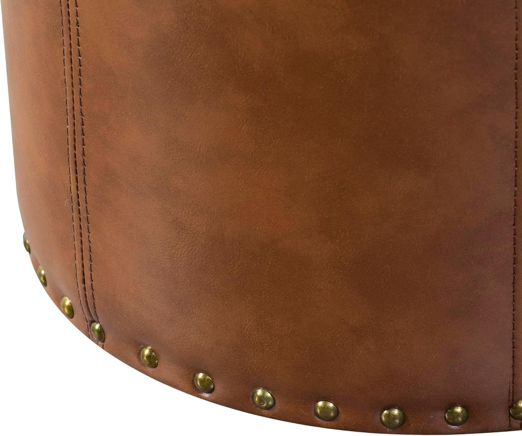 Adeco Brown Upholstered Round Faux Leather Storage Ottoman with Tray Lid | Tufted Foot Rest Ottoman for Living Room & Bedroom | Decorative Home Furniture