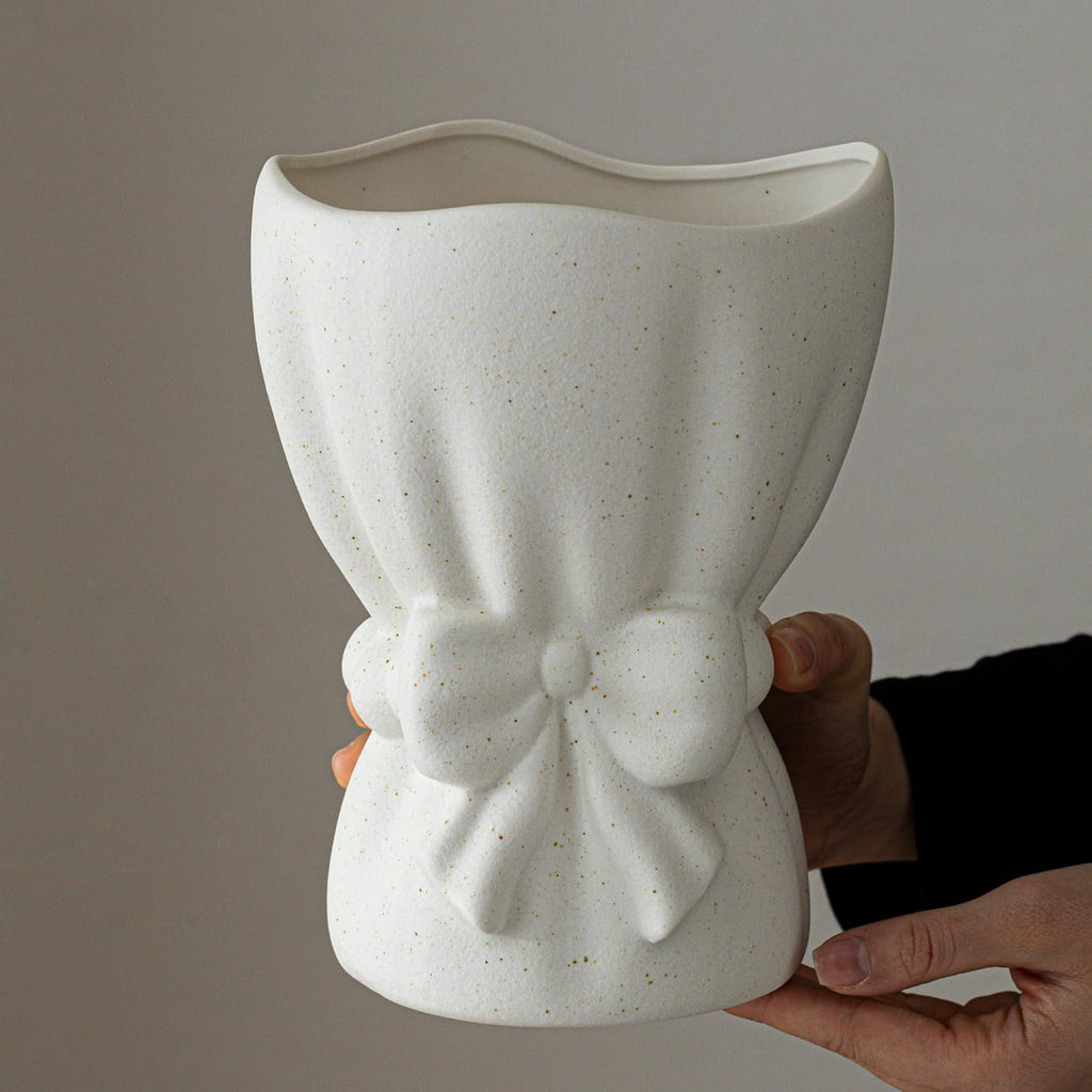 Lvases Bow Knot White Ceramic Decorative Flower Vase for Home Decor | Textured Frosted Speckled White Minimalist Vases for Bedroom Living Room Table Centerpiece Matches Fresh & Dried Flowers