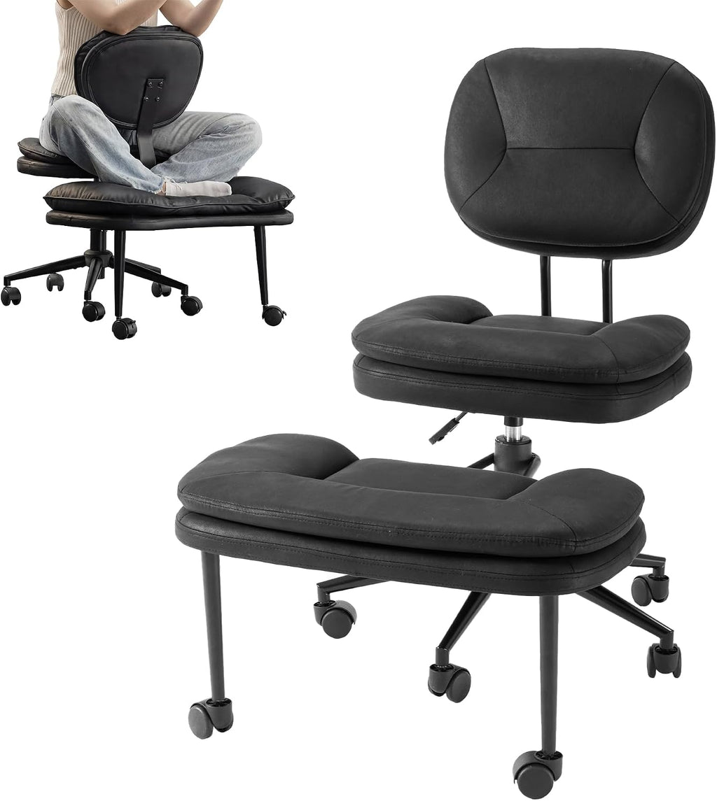 COSIEST Cross Legged Office Chair with Wheels, Ergonomic Kneeling Chair for Adults, Criss Cross Chair with Wide Seat, Comfortable Home Office Desk Chair, 360° Swivel Adjustable Height, Black