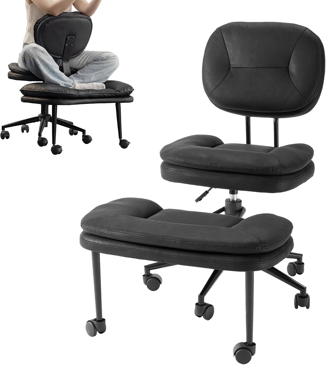 COSIEST Cross Legged Office Chair with Wheels, Ergonomic Kneeling Chair for Adults, Criss Cross Chair with Wide Seat, Comfortable Home Office Desk Chair, 360° Swivel Adjustable Height, Black