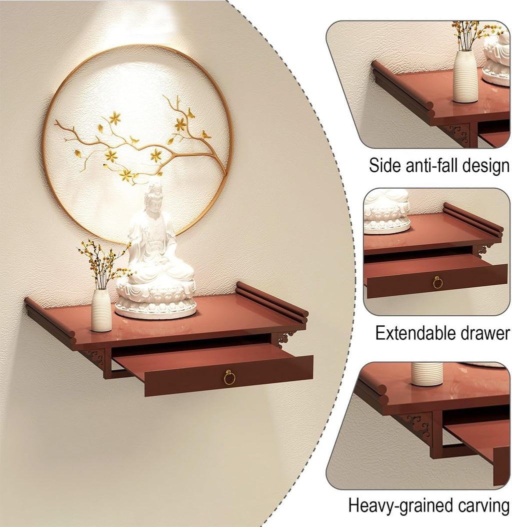 Wall-Mounted Shrine Altar, Prayer Meditation Table with Retractable Pull Plate, Buddha Shelf Statue Stand for Home, Office, Studio, Yoga(Red,15.7 * 9.1in)
