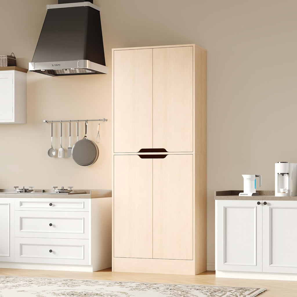 Housoul 71" Tall Freestanding Pantry Cabinet, 4 Doors Larder Cupboard with Adjustable Shelves, Kitchen Hutch for Kitchen & Dining Room, Oak