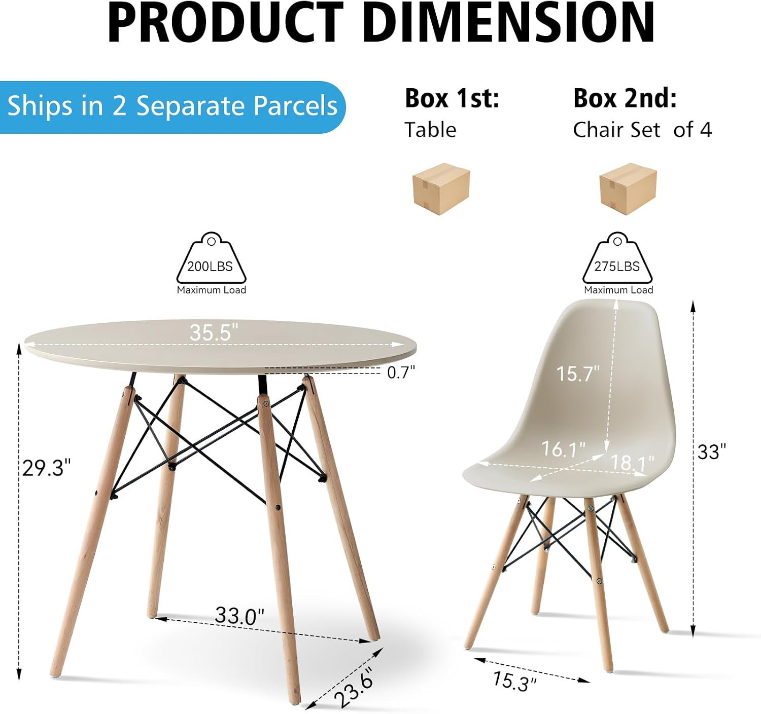 5-Piece Round Dining Table Set, Small 35.5" Kitchen Table Chairs Set of 4 Space Saving Furniture, Plastic Seats, Solid Wood Legs, for Living Room Apartment Office Home, Sand
