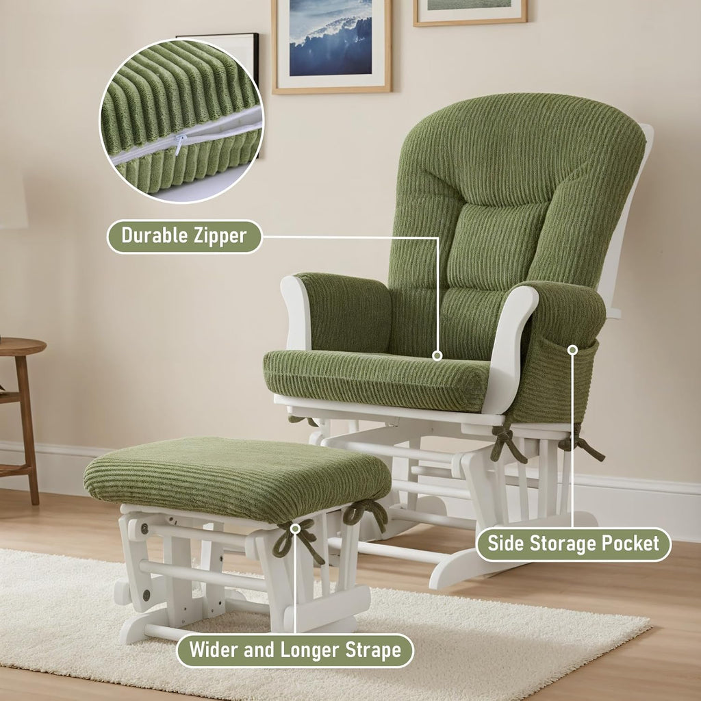Boshen 5PCS Glider Rocker Replacement Cushions with Storage Side Pockets, Thickened 3.5IN Seat & Supportive Striped Plush Rocking Chair Cushion Set with Ottoman Cover for Indoor Nursery, Green