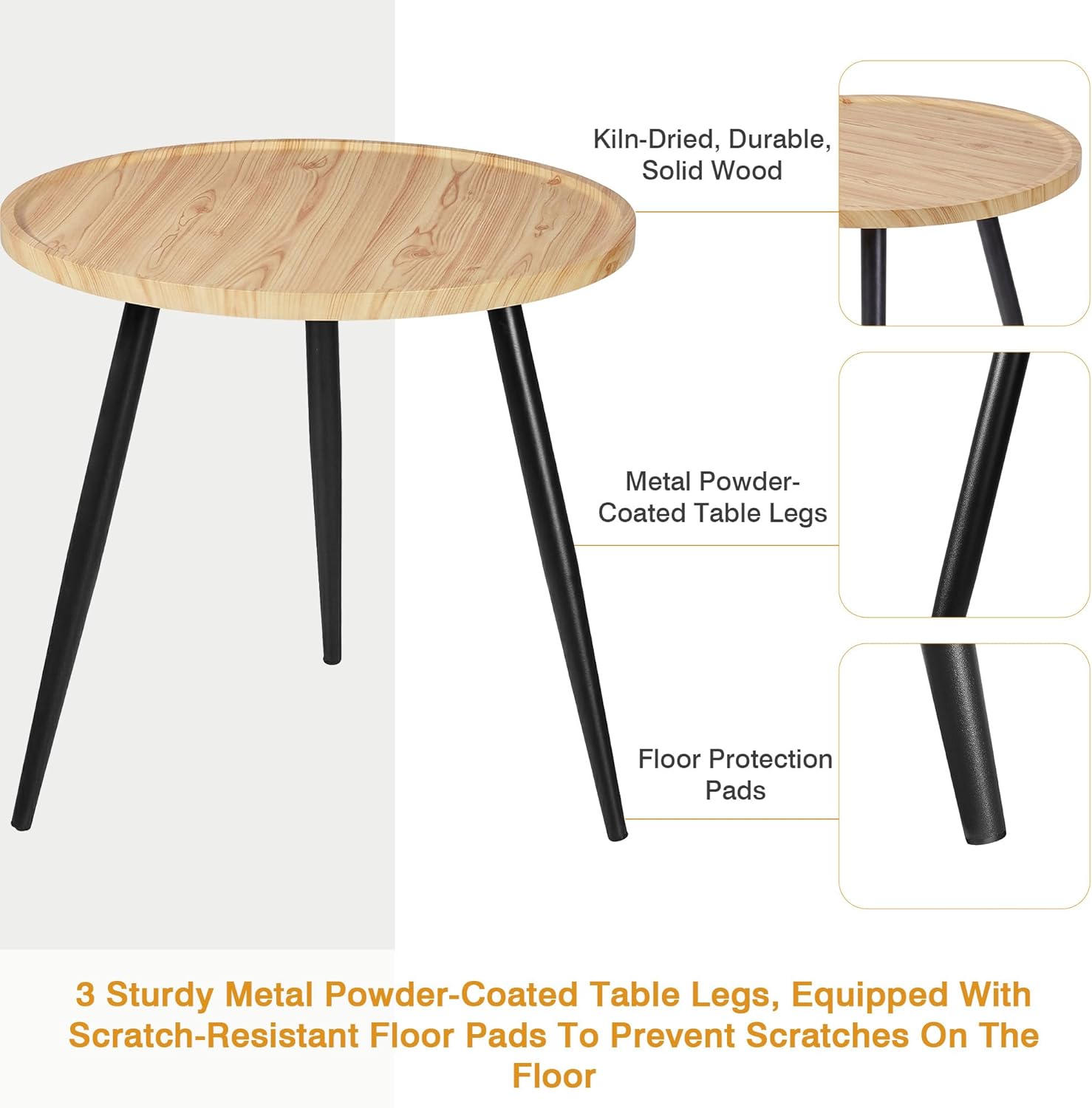 VECELO Modern Side Table, Round Small End Table, Exclusively Designed Hand-Crafted Small Nightstand, Solid Wood,Natural top with Black Metal Legsfor Bedrooms, Living Rooms and Home Office