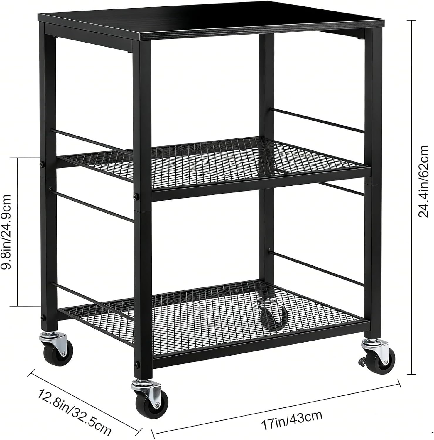 MOOACE 3 Tier End Table with Wheel, Rolling Storage Shelf Side Table Nightstand for Bedroom Kitchen Living Room Office, Stable Metal Frame and Wood Top, Black
