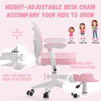 Adjustable Kids Desk Chair, Ergonomic Children Study Computer Chair with Footrest & Flip-up Armrest, Mesh Student Teen Task Chair with Wheels, Kids Office Chair for Boys Girls (Pink-White)