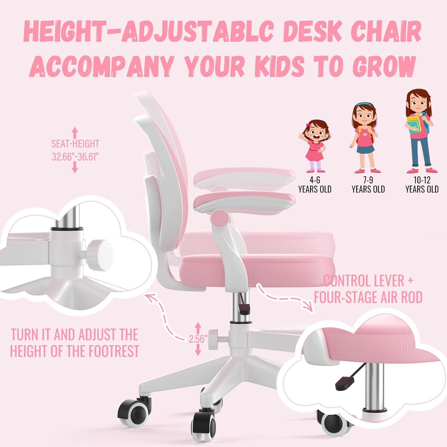 Adjustable Kids Desk Chair, Ergonomic Children Study Computer Chair with Footrest & Flip-up Armrest, Mesh Student Teen Task Chair with Wheels, Kids Office Chair for Boys Girls (Pink-White)