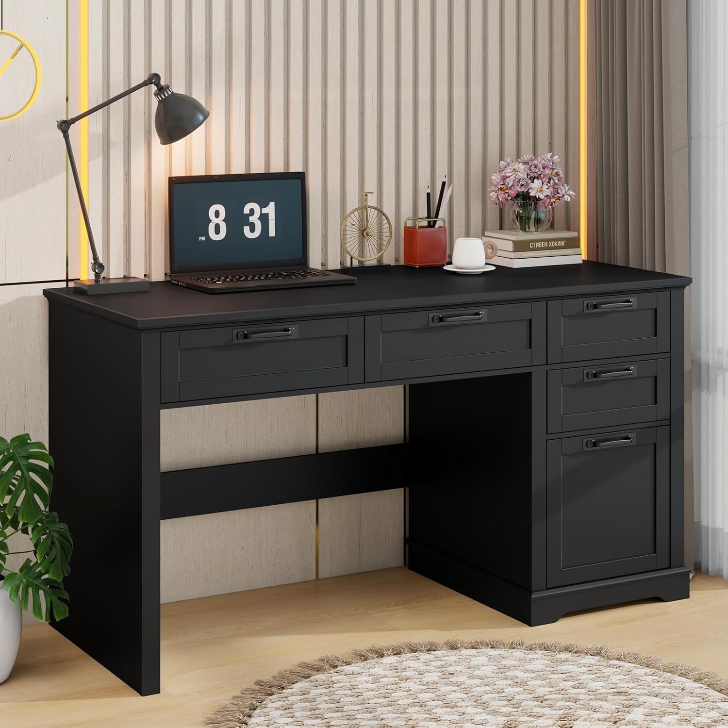 Vabches 55" Farmhouse Home Office Desk with File Drawer, Executive Computer Desk with 4 Storage Drawers, Rustic Computer Desk for Working, Studying, Writing（Pure Black