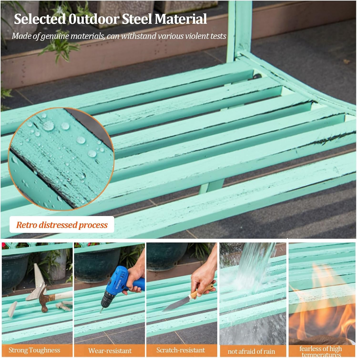 Outdoor Iron Metal Frame Bench with Knot-Pattern Mesh Back, Vintage Distressed 2 Person Seat with 105° Tilt & Curved Armrests, Weatherproof Garden Benches, for Lawn Backyard(White)