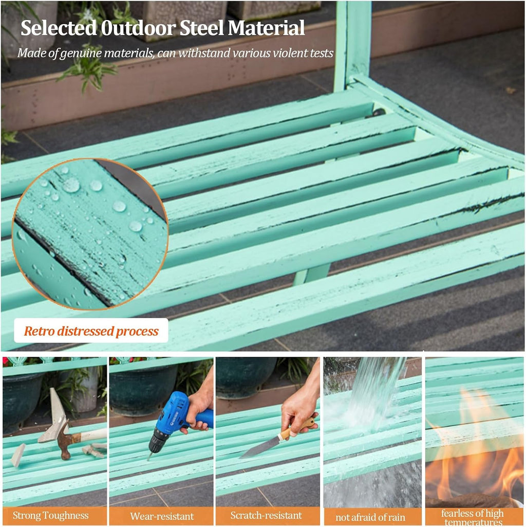 50" Outdoor Garden Bench, Slatted Seat w/Bird Pattern Backrest & Armrests, Green Patio Metal Frame Garden Bench, Durable Weather-Resistant, for Garden/Terrace