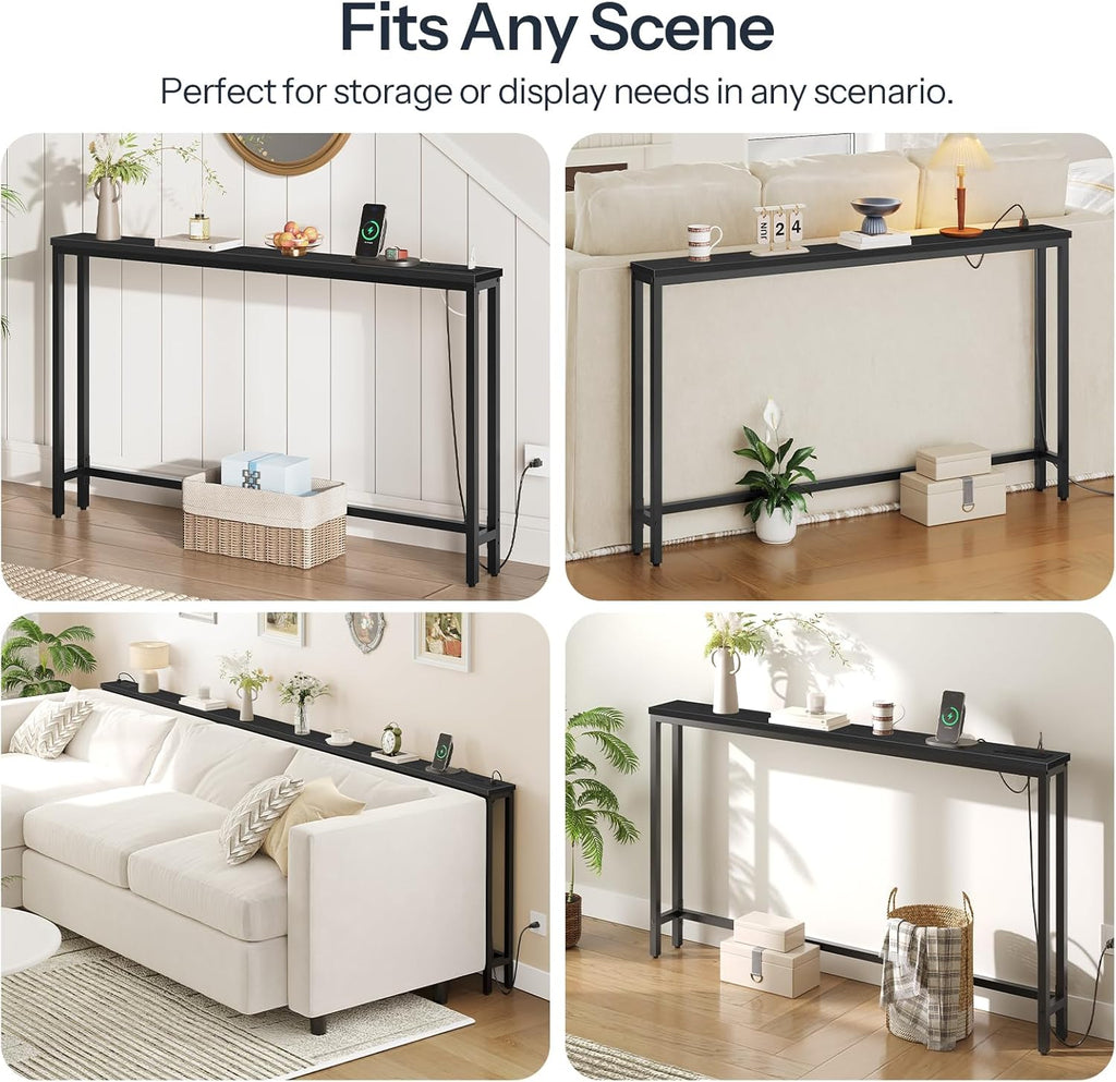 HOOBRO 55.1" Narrow Console Table with Power Outlets, 5.9" Behind Couch Table with Charging Station, Long Sofa Table, Skinny Entryway Table for Living Room, Hallway, Foyer, Black BB145UXG01
