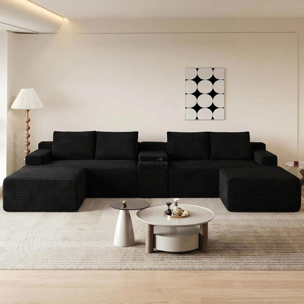 GNIXUU 140.6" Oversized U Shaped Black Boneless Sectional Couches for Living Room, Large Cloud Modular Sofa Set with Storage Console, Cup Holder, Side Pockets, Deep Seat No Assembly Corduroy Couch