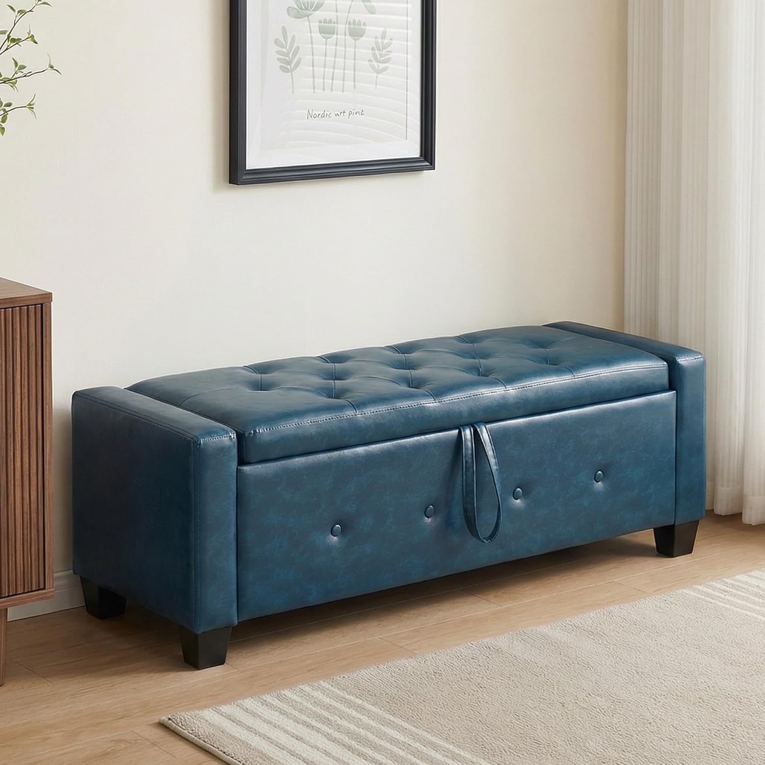 48" PU Leather Storage Ottoman Benches for Bedroom,Tufted Ottomans with Storage for Living Room,Mid Century Modern Bench with Seating for Entryway,Window,Bedside (PU Blue, 48 inch)