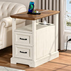 HOMMPA Narrow Side Table with Charging Station, 23.6'' W Farmhouse End Table with Open Shelf & Storage Drawers for Sofa Couch, Slim Rustic Sofa Side Table for Small Space, Living Room, Rustic White