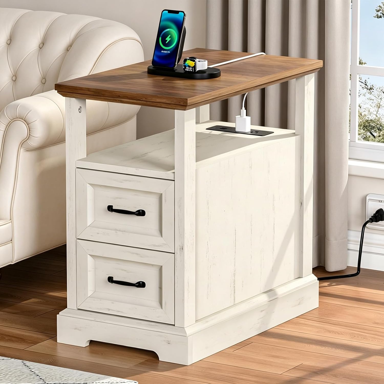 HOMMPA Narrow Side Table with Charging Station, 23.6'' W Farmhouse End Table with Open Shelf & Storage Drawers for Sofa Couch, Slim Rustic Sofa Side Table for Small Space, Living Room, Rustic White