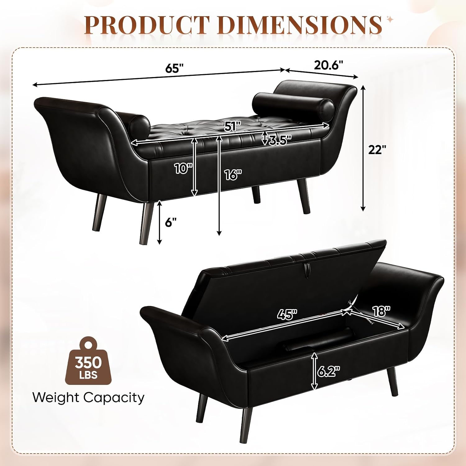 Faux Leather Storage Bench for Bedroom End of Bed, 65-Inch Rolled Arm Upholstered Bench with Hidden Storage, Black End of Bed Bench with Sturdy Wood Frame, Space-Saving Entryway Ottoman Seat (Black)
