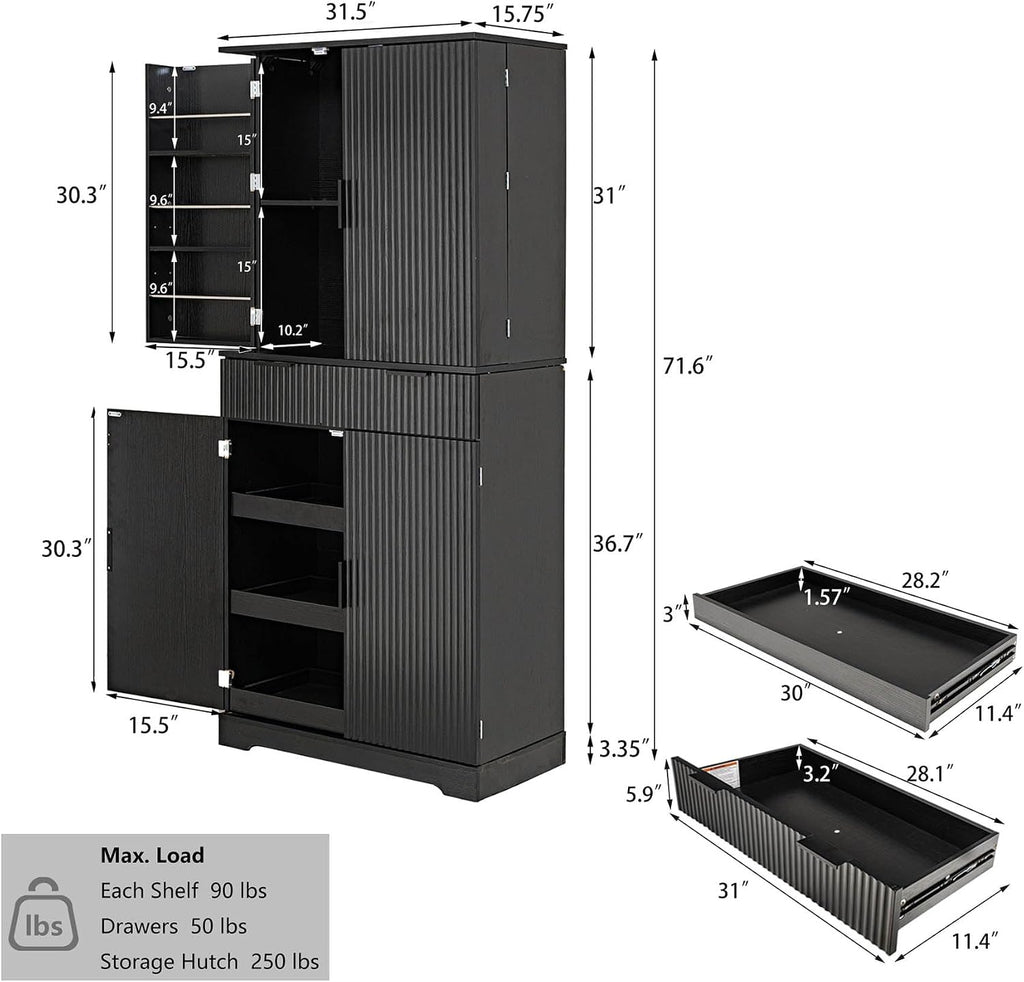 72" Tall Kitchen Pantry Cabinet with 3 Drawers & 6 Adjustable Shelves - Freestanding Storage Cupboard for Bathroom, Dining Room, Office or Entryway, Organizer Cabinet, (Black)