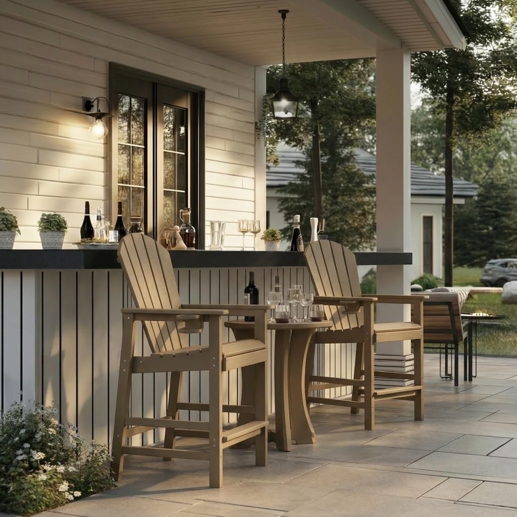 WILLIAMSPACE Patio Bar Chair Bar Stool, Outdoor All Weather HDPE Height Adirondack Chair with Armrests & Cup Holder, 1-Piece Counter Height Chair for Pool, Garden, Kitchen, ONLY 1 Chair (Brown)