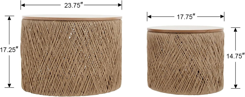 Nesting Table Set of 2 Round Wooden Coffee Tables Rustic Woven Center Table for Living Room Bedroom Apartment No Assembly Required, Natural