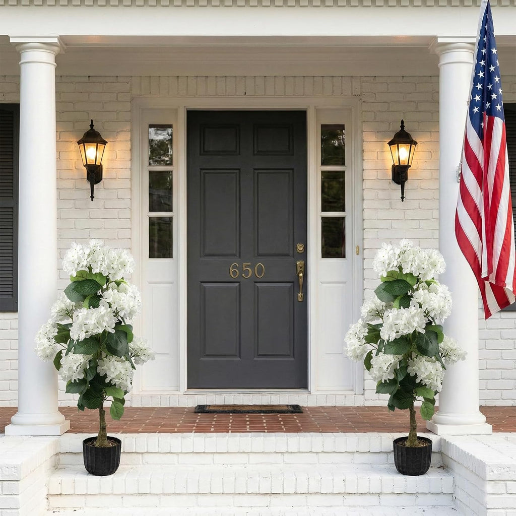 2 Pcs 3 Ft Artificial Hydrangea Trees Potted, UV Resistant Faux Silk Hydrangea Plant in Pot for Indoor Outdoor Decoration, Hydrangea Topiary for Garden Office Home Porch Patio Decor (2, White)