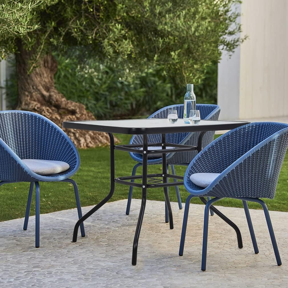 32in Patio Tables,Patio Bistro Tables,Outdoor Dining Tables,Square Tempered Glass Patio Table with Umbrella Hole for Lawn Balcony Yard