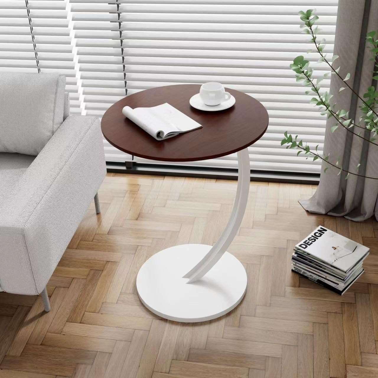 Joys of Life,Round C-Shaped End Table, Modern Marble Top Side Table with Black Metal Frame, Small Coffee Table for Living Room, Bedroom, Sofa Couch, Easy Assembly, White (Walnut, White)