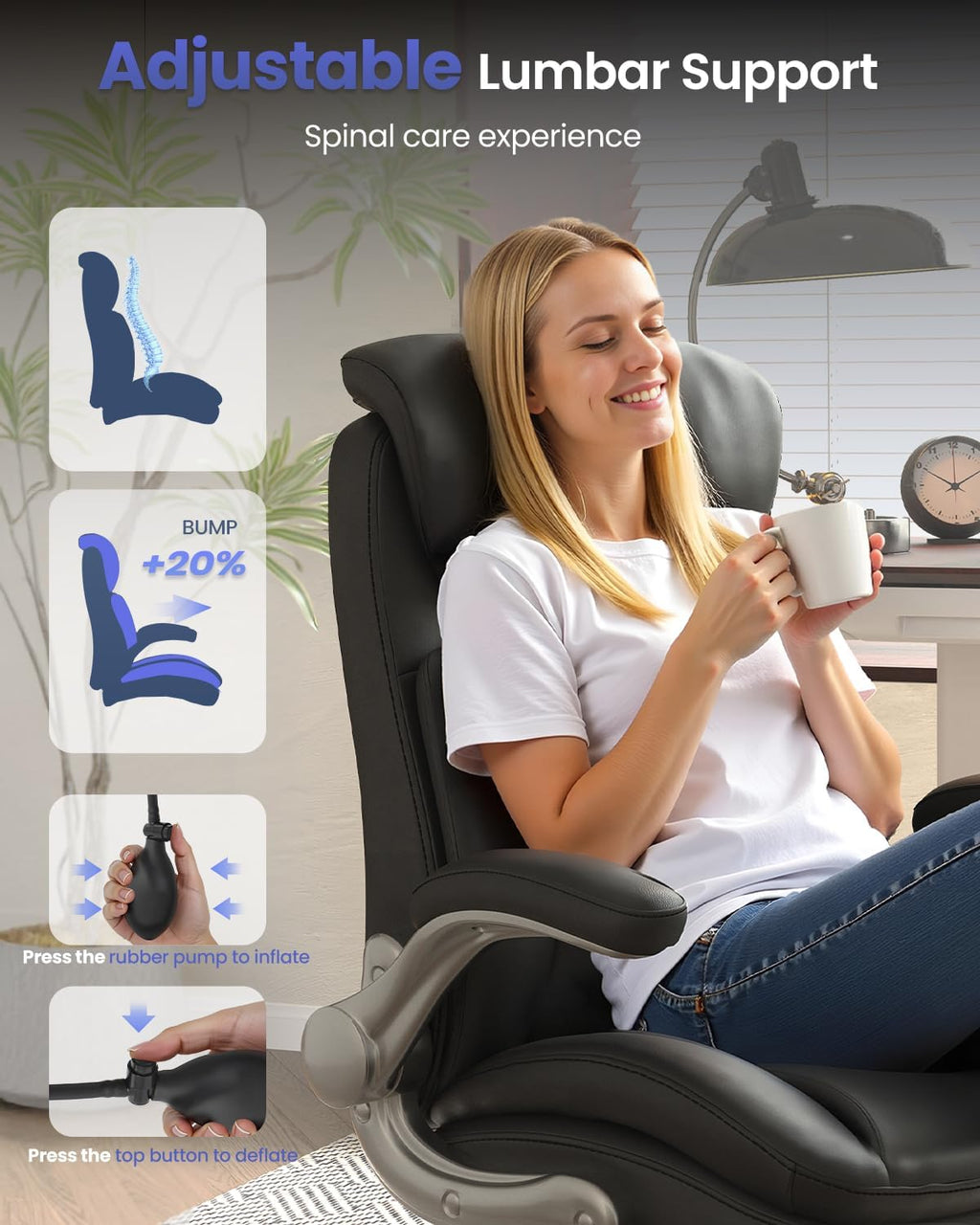 Office Chair Big and Tall, Adjustable Lumbar Support for Back Pain Relief, Double Cushioned Comfy Ergonomic Home Office Chair, Extra Wide Seat & Flip-up Armrests Office Chairs