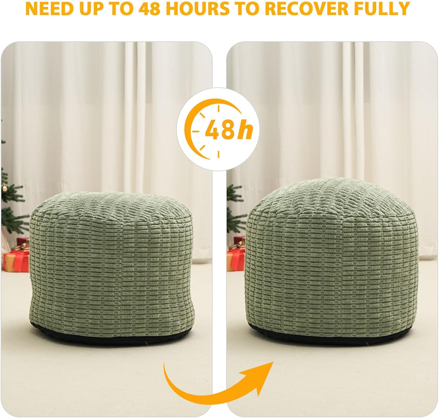 Round Stuffed Pouf Ottoman for Foot Rest 20" X 15" Faux Fur Poufs, Green | Storage Ottoman Pouf Foot Stool Cushion with Foam Chunk Filling, Floor Chair for Living Room Bedroom Home Decor