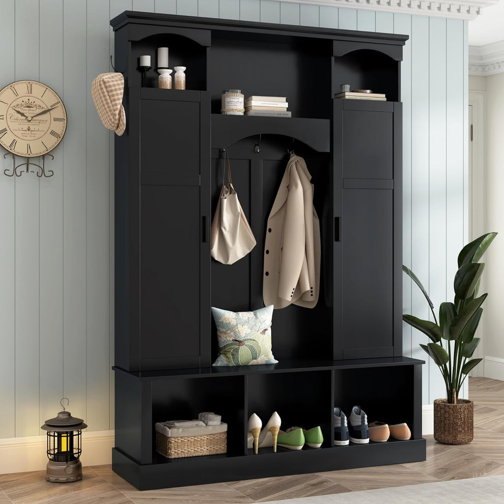 Merax Hall Tree with Bench and Shoe Storage 77.3" Tall with Adjustable Shelves, Modern All-in-One Entryway Bench with 2 Side Cabinets & 7 Hooks, Elegant Arched Design, 55.1"L x 15.7"W (Black)