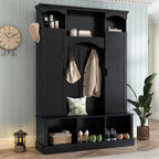 Merax Hall Tree with Bench and Shoe Storage 77.3" Tall with Adjustable Shelves, Modern All-in-One Entryway Bench with 2 Side Cabinets & 7 Hooks, Elegant Arched Design, 55.1"L x 15.7"W (Black)