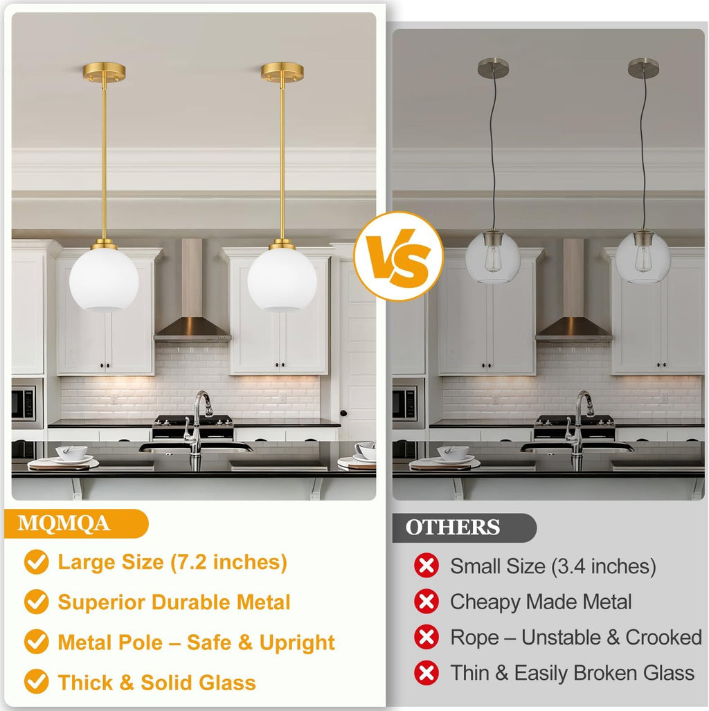 2 Pack Gold Globe Pendant Lights, Mid Century Gold Pendant Light Fixtures, Globe Pendant Lights Kitchen Island with Milk Glass Shade Adjustable Hanging Fixture for Dining Room (Bulbs not Included)